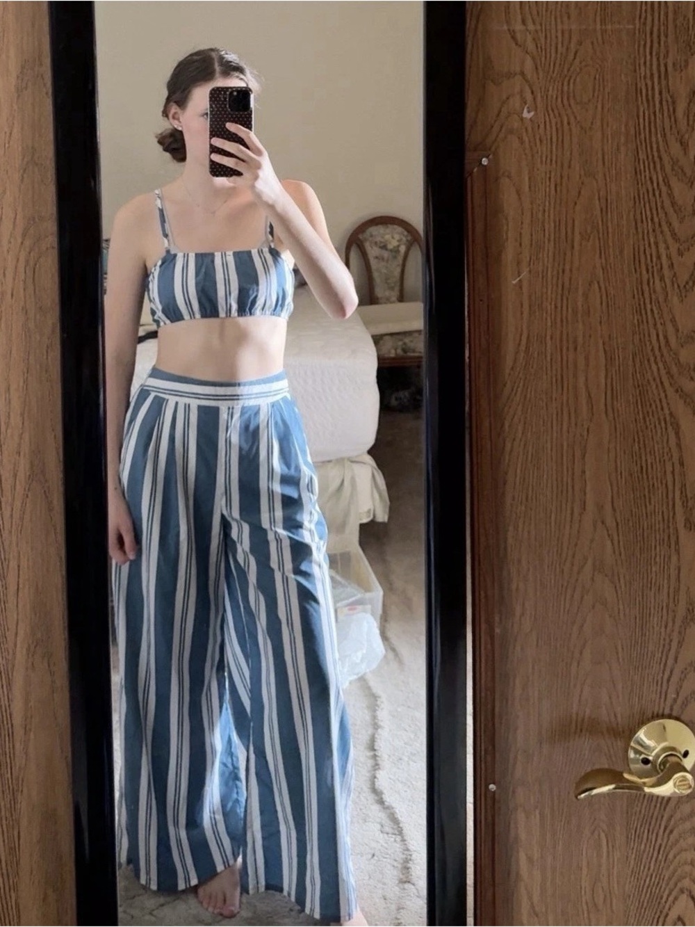 Main Strip Blue and White Vertical Stripe Wide-Leg Pants